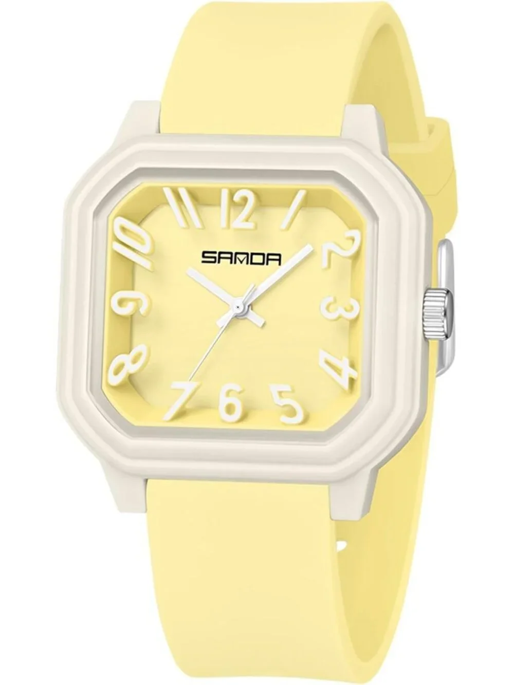 Women’s Light Yellow Big Arabic Numbers Silicone Strap Analog Square Wrist Watch